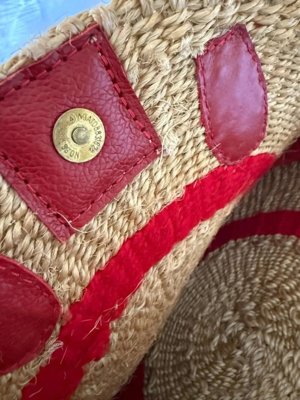 WOVEN SISAL LEATHER FRINGE BAG RED BEADED TASSEL DOUBLE HANDLES ROUND 14